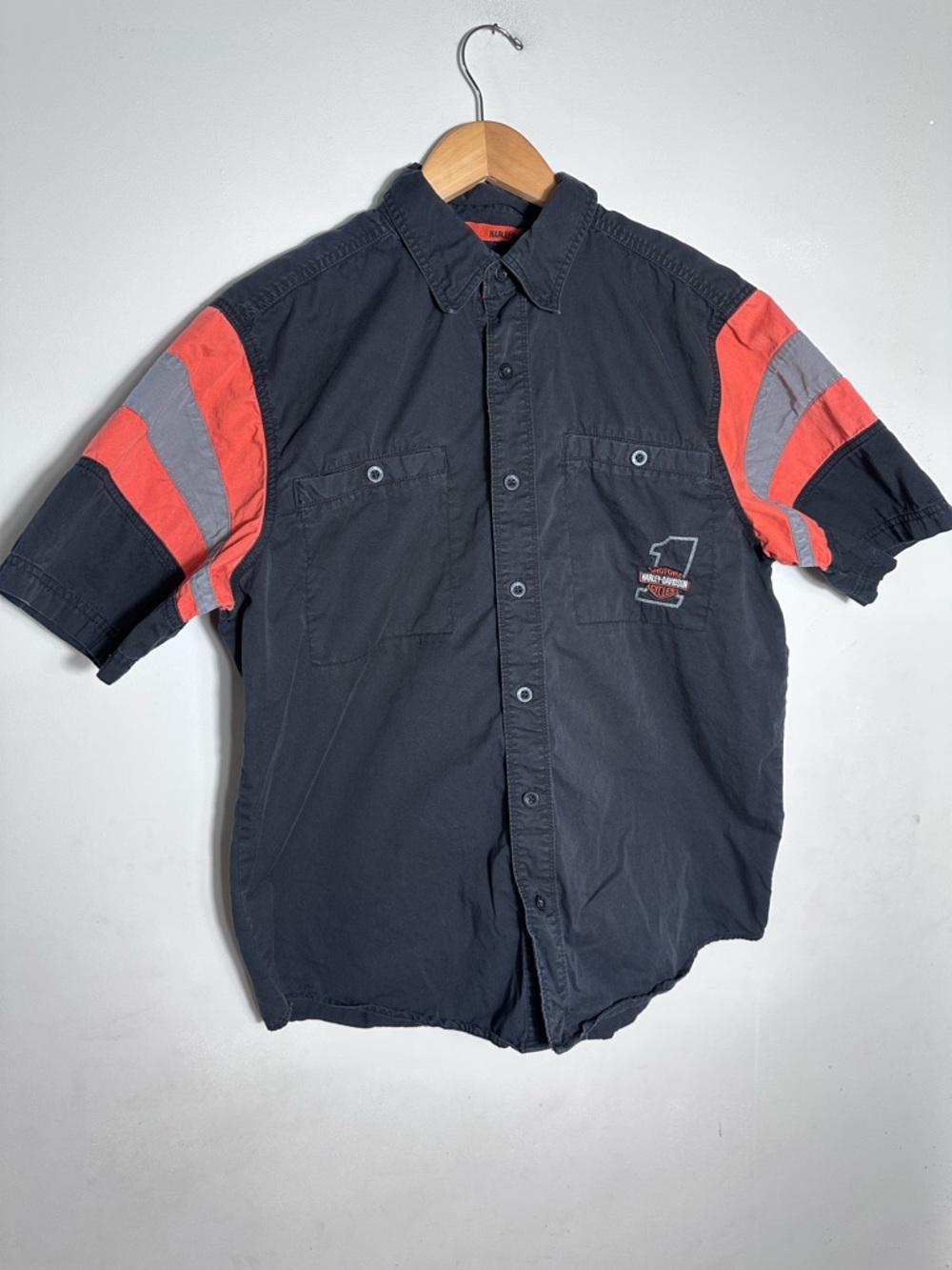 Harley-Davidson Black Short-Sleeve Button Down Shirt with Orange and Gray